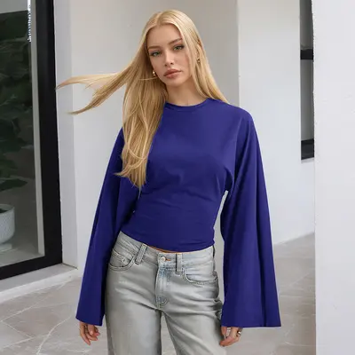 Women's Solid Color Round Neck Long Sleeve Top, Wide Sleeve, Waist-Cinching - 13