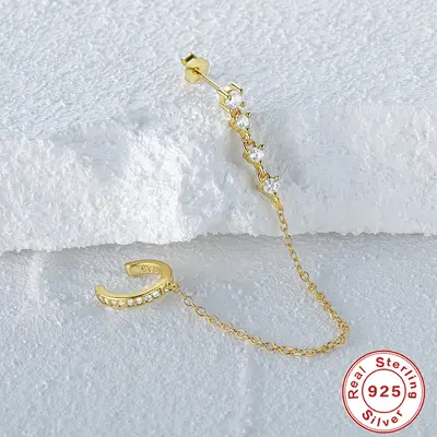 S925 Sterling Silver Single-Row Stone Non-Pierced Ear Clip with Tassel