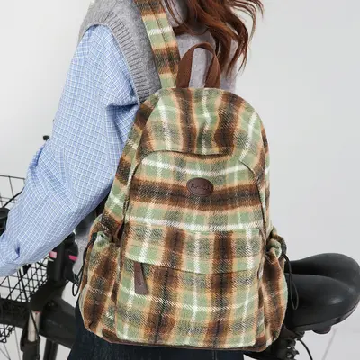 Retro Wool Plaid Women's Backpack for High School and University Students - 3