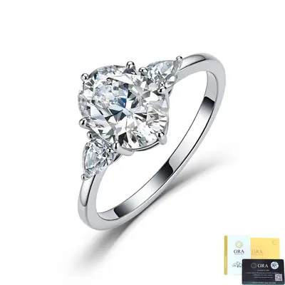 Cross-border Bestseller S925 Sterling Silver Moissanite Ring, Light Luxury Three-Stone Style, Egg-Shaped and Pear-Cut Ring, Niche Design Sense