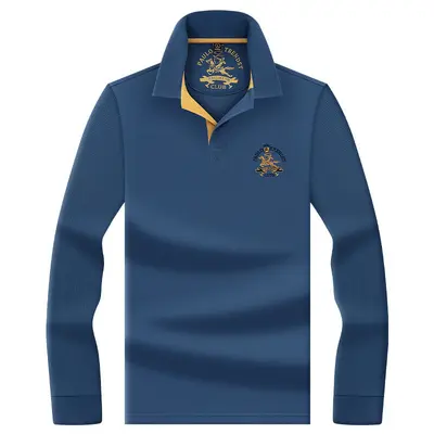 Men's 100% Mercerized Cotton Polo Shirt, Embroidered Small Horse Logo, Long-Sleeve - 12