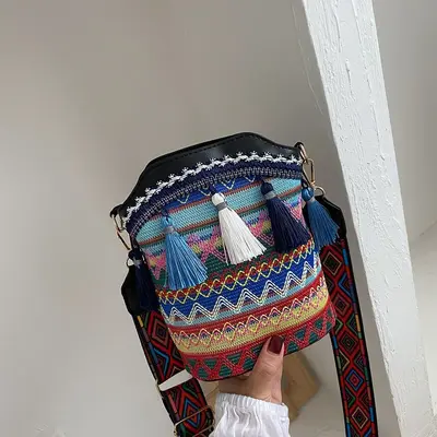 Ethnic Style Tassel Woven Bucket Bag, Women's Single Shoulder Bag - 9