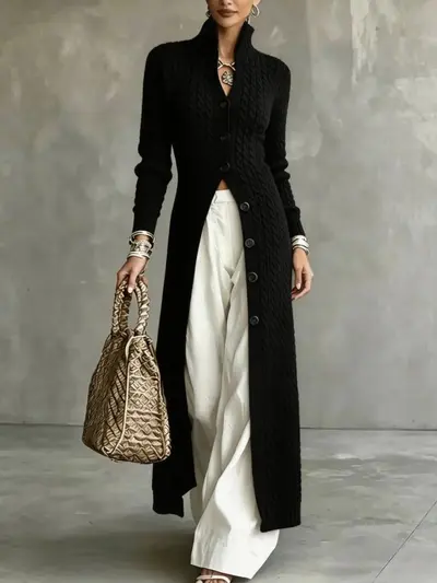 Damen-Strickjacke mit Knöpfen, lang, lässiger langer Mantel