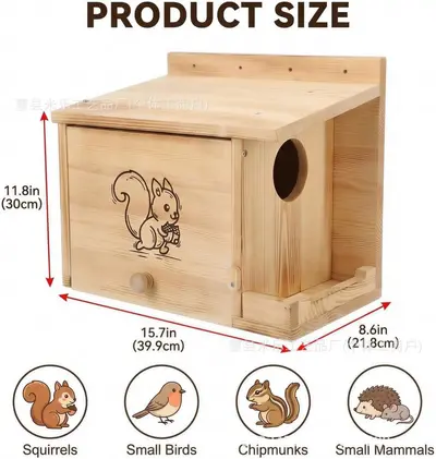 Solid Wood Squirrel Nest Box, Hanging Outdoor Habitat - 10