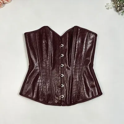 Crocodile-Pattern PU Leather Bustier Top with Boning and Waist Cinching - 7
