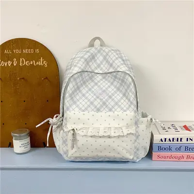 Japanese-Style Schoolbag for Girls, Junior High, Plaid Backpack - 8