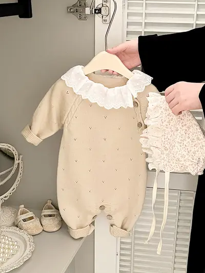 Kız Bebek Örgü Tulum Sonbahar Kış Nakışlı Uzun Kollu