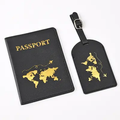 PU Leather Passport Cover and Luggage Tag Set, Hot-Stamped Pattern