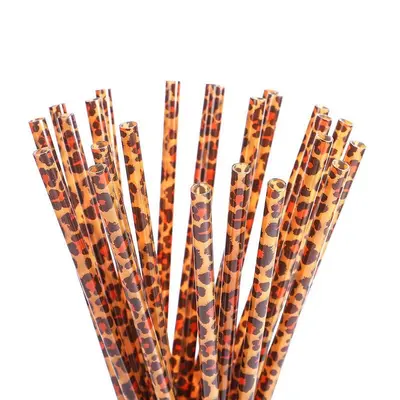 Leopar Desenli Renkli Baskılı Plastik Pipet Seti, PP Sert Boru