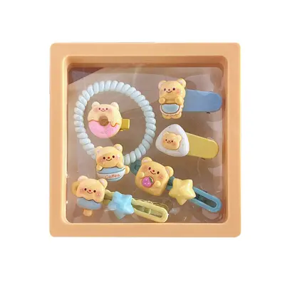 Cute pudding bear series hair accessories combination for girls, sweet broken hair bangs clip, high elastic hair rope and wholesale hair tie