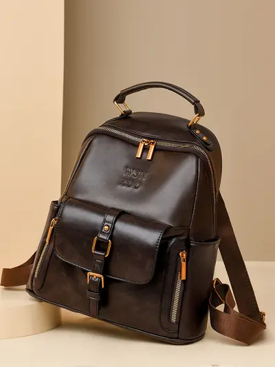 Women's Soft Leather Backpack, Large Capacity Retro School Bag - 4