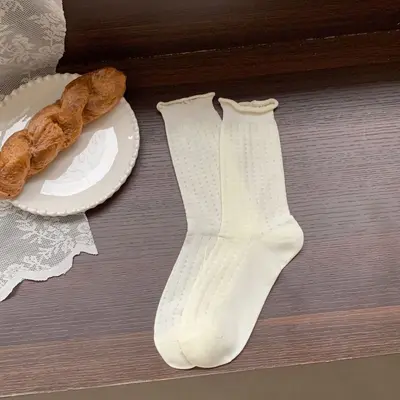 Women's Milky White Shalwar Socks, Thin Summer Lace Loafer Socks, Mid-Calf - 10