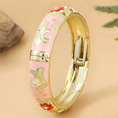 Cloisonné bilezik, çiçek desen, taşlı, geniş model - 9