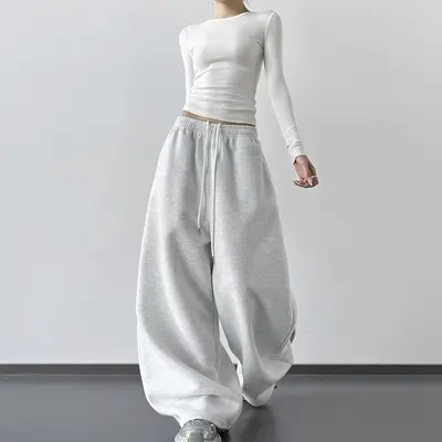 Damen-Jogginghose in Grau, hohe Taille, weites Bein, Herbst 2025 - 8