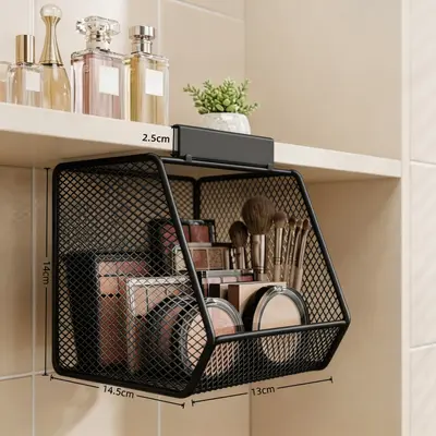 Wall-Mounted Hole-Free Vanity Organizer Rack with Wrought Iron Wire Basket - 7