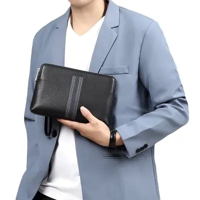 Men's Genuine Leather Clutch Bag, Large Capacity Envelope Bag, Top-Grain Cowhide - 5