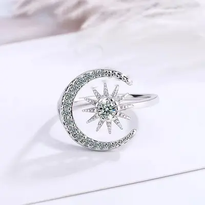 Star and Moon Women's Ring, Open-Ended, Silver Tone - 6