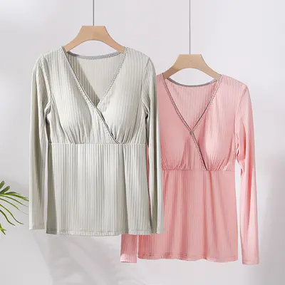 Long Sleeve Cross-Front Nursing Top, Postpartum Home Wear - 2