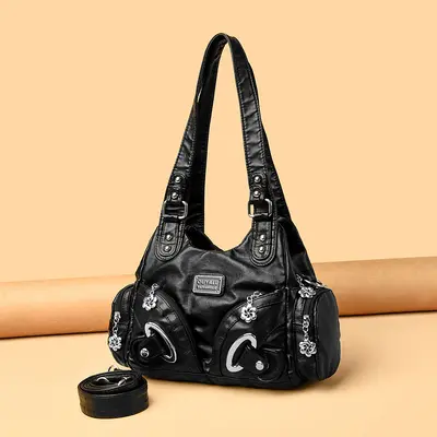 Soft Leather Retro Rivet Shoulder Bag, Large Capacity
