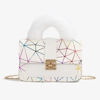 Women's Chain Handbag, Geometric Print Plush, Small Square Design - 10