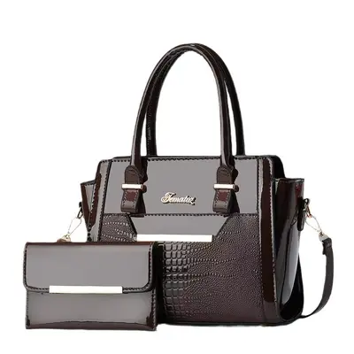 Women's Crocodile Pattern Glossy Leather Crossbody Bag Set, 2-Piece, Korean Style - 6