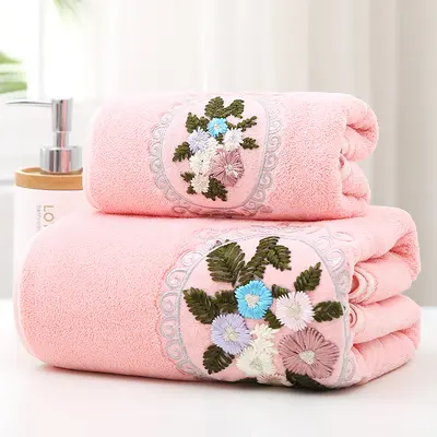 Floral Cotton Face and Bath Towel Set, 2-Piece, with Lace