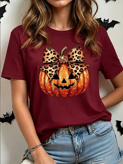 Cadılar Bayramı balkabağı baskılı kadın kısa kollu T-shirt