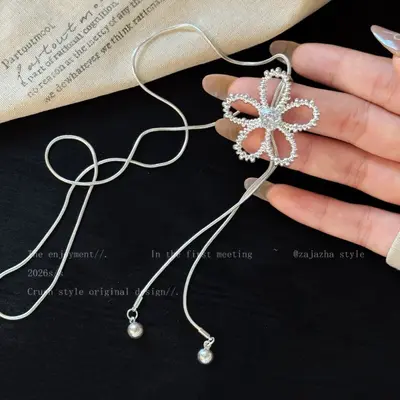 Silver floral pull pendant necklace, collarbone chain