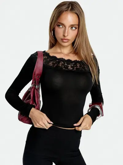 French Lace Trim Off-Shoulder Stretch Slim Short Women's Base T-Shirt - 5