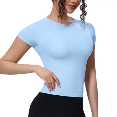 Grenzüberschreitender neuer Sports-T-Shirt mit nacktem Gefühl, Taillenraffinierung, figurbetonter Kurzarm, atmungsaktive Yoga-Trainingsober- und Lauftraining-Fitnessshirt für Damen