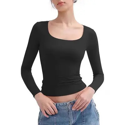 Women's Long Sleeve Crop Top, Solid Color, U-Neck Slim Fit Y2K T-Shirt