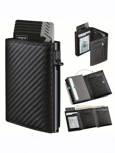 Karbon Fiber Desenli Üç Katlı Erkek Cüzdan, Fermuarlı Bozuk Para Bölmeli - 3