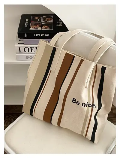 Striped Canvas Shoulder Bag, Korean Style, Student and Laptop Bag - 8