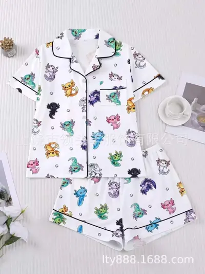 Women's Pajama Set with Pink Dinosaur Print and Button-Up Lapel - 11