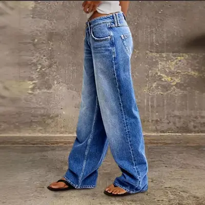 Yeni Model Kadın Bol Düz Paça Kot Pantolon