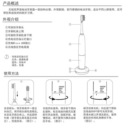 Portable Wireless Charging Electric Toothbrush, 5 Speeds, Waterproof