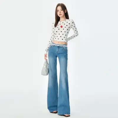 Damen-Jeans in Weiß mit Fleecefutter, niedriger Taille, runden Taschen, leicht ausgestelltem Schnitt, neues Modell Frühling/Sommer, schmal geschnitten, elastisch, gerader Schnitt mit Schlaghose