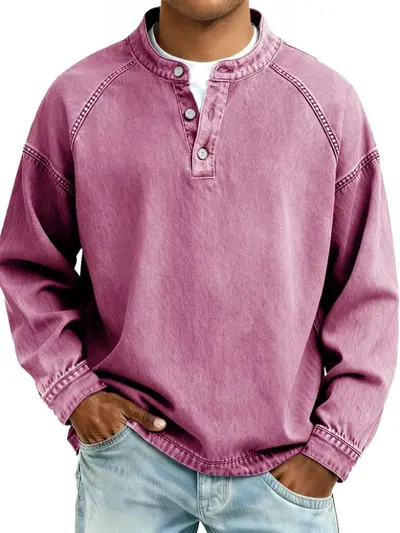 Men's Washed Distressed Vintage Stand-Collar Long-Sleeve Sweatshirt - 13