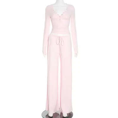 Women's Long Sleeve Snap Button Top and Drawstring Pants Set, Solid Color - 7