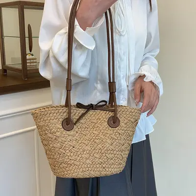Women's Large Woven Straw Tote Beach Bag - 1