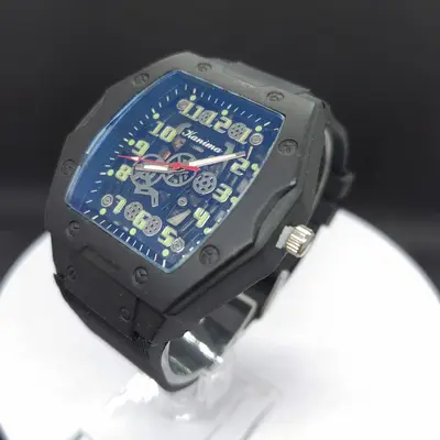 Men's quartz watch, barrel design, silicone strap, hollow dial - 10