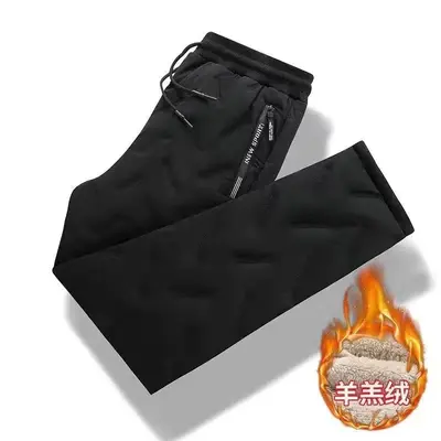 Men's Fleece-Lined Thickened Windproof Cotton Trousers, Lamb Wool Warm Casual Pants - 7