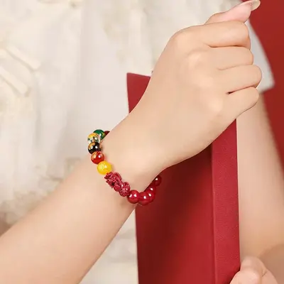 Purple Gold Sand Cinnabar Five-Way God of Wealth Bracelet with Pixiu, Low Content