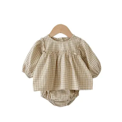 Korean-Style Baby Long-Sleeve Spring/Autumn Set with Plaid Puff-Sleeve Top