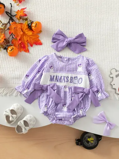 Baby Mädchen Langarm Halloween Strampler mit Schleife und Karomuster