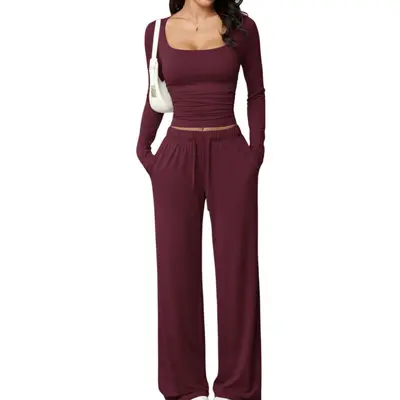Women's Square-Neck Long-Sleeve Top and Pants Casual Set - 11