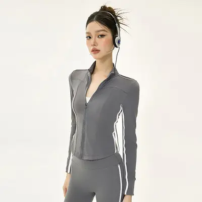Yoga Set with Short Jacket, Strap Top and Flared Pants