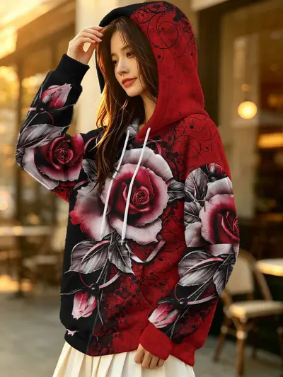 Women's Hooded Sweatshirt, Zebra Print, Heart Pattern, Velvet Fabric - 10