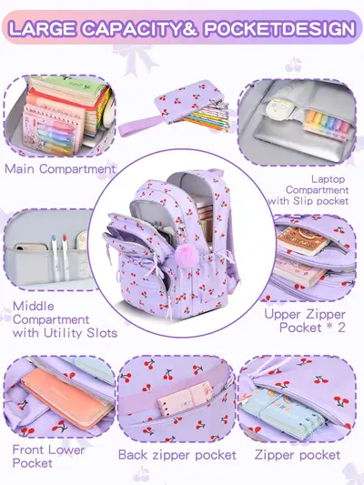 2026 Corduroy Three-Piece Backpack Set, Cherry Pattern, Large Capacity, Lightweight - 4