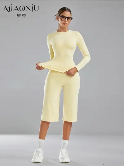Long Sleeve Yoga Set Women Two-Piece Quick-Dry High Waist Fitness Wear - 2